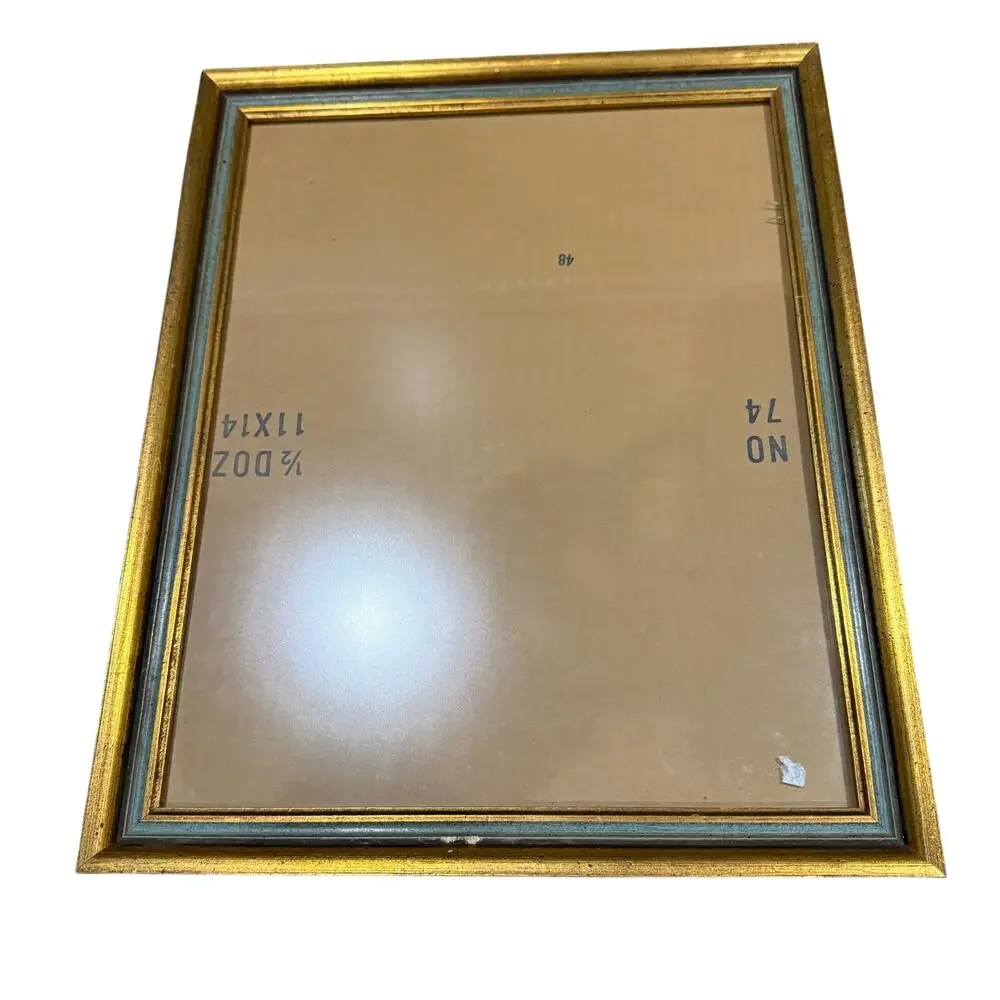 Vintage Ornate Solid Wood Picture Frame Gold Blue Painted 11x14 Wall Hanging